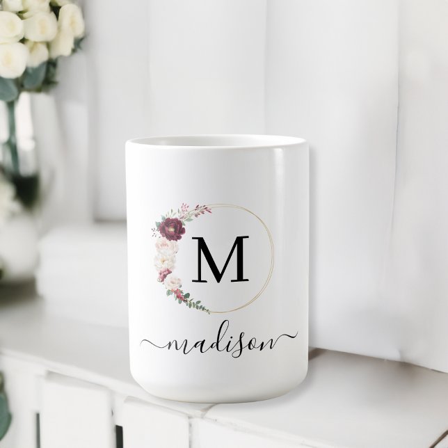 Simple, elegant, script font, monogram  coffee mug (Customer-specific, classic, elegant, script font, flower-circle, monogram - name - mug. )