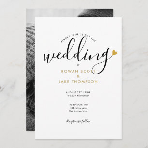 Simple Elegant Script Gold Heart Photo Wedding Invitation