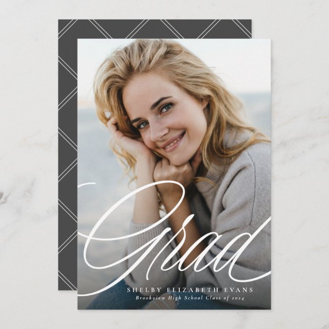 Simple elegant script grad one photo graduation announcement (Front/Back)