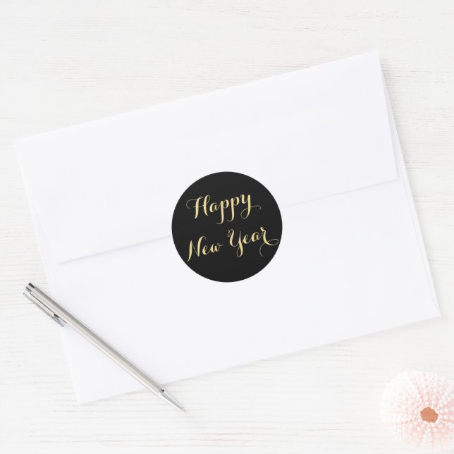 Simple Elegant Script Happy New Year Black Gold Classic Round Sticker (Envelope)