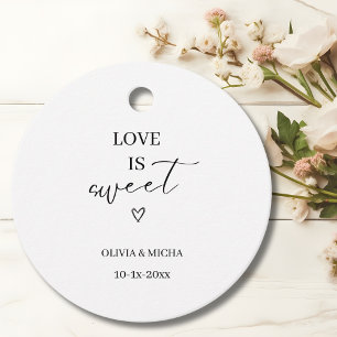 simple elegant script Love is sweet wedding favour Tags