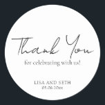 Simple Elegant Script Minimalist Classic Wedding Classic Round Sticker<br><div class="desc">Classic black and white wedding stickers featuring a simple design with a modern,  minimalist touch. The words "Thank You" in the title,  "Thank You for celebrating with us" is in an elegant script typography and the remaining text is in a traditional serif font.</div>