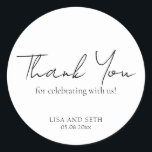 Simple Elegant Script Minimalist Classic Wedding Round Sticker<br><div class="desc">Classic black and white wedding stickers featuring a simple design with a modern,  minimalist touch. The words "Thank You" in the title,  "Thank You for celebrating with us" is in an elegant script typography and the remaining text is in a traditional serif font.</div>