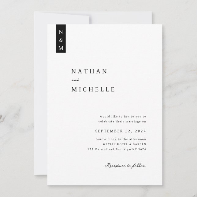 Simple Elegant Script Minimalist Monogram Wedding Invitation (Front)