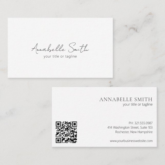 Simple Elegant Script Minimalist QR Code Modern Business Card (Front/Back)
