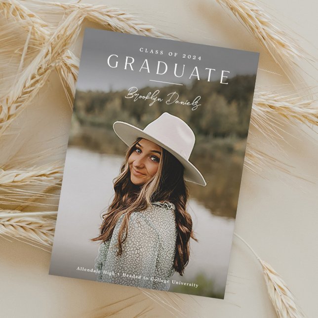 Simple Elegant Script Name Photo Graduation Invitation (Simple Typography Overlay with Script Name 2 Photo Graduation Announcement Invitations.)