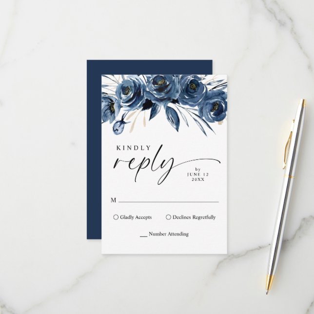 Simple Elegant Script Navy Blue Floral Wedding RSVP Card (Front/Back In Situ)