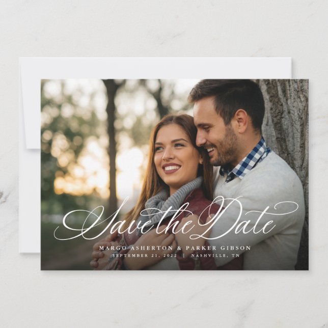 Simple elegant script one photo horizontal save the date (Front)