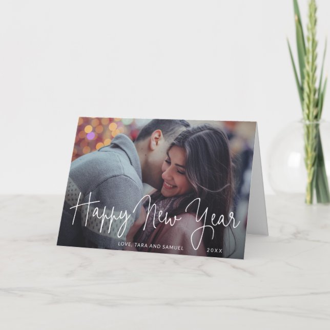 Simple Elegant Script Photo Happy New Year Holiday Card (Front)
