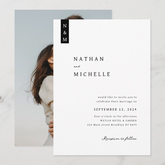 Simple Elegant Script Photo Monogram Wedding Invitation (Front/Back)