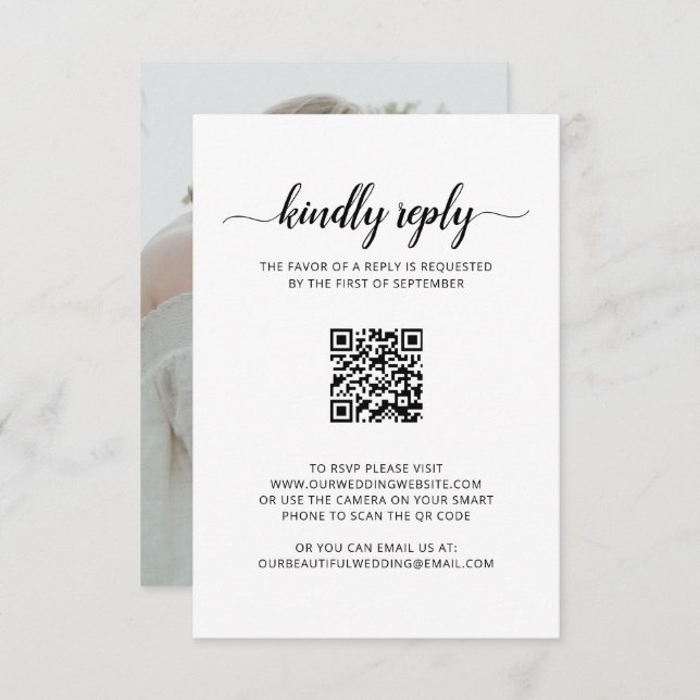 Simple Elegant Script Photo QR Code Wedding RSVP Card (Front/Back)