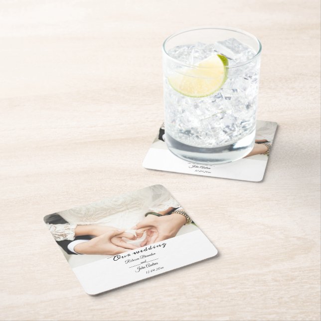 Simple Elegant Script Photo Wedding Party  Square Paper Coaster (Insitu)