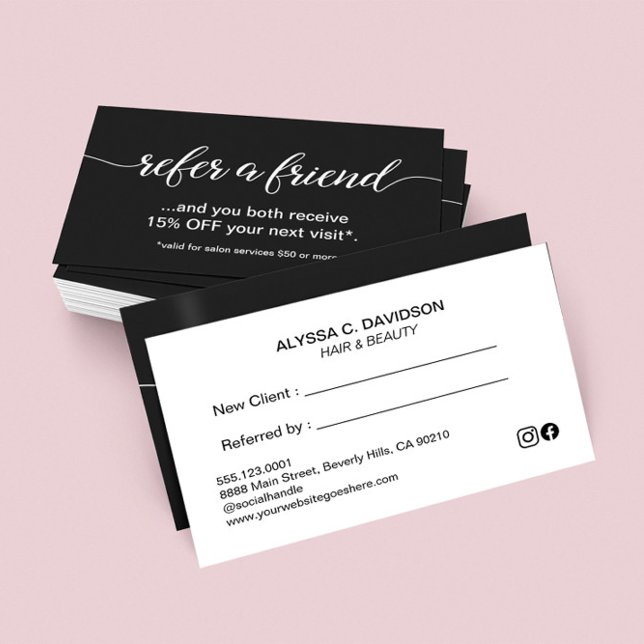 Simple Elegant Script Refer a Friend black white Loyalty Card (Simple black and white refer a friend referral card.)