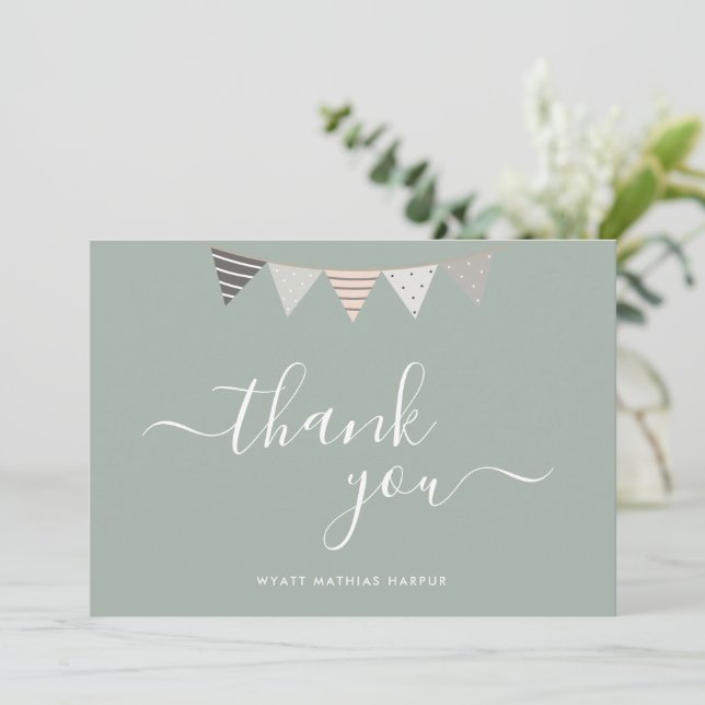 Simple Elegant Script Sage Green Baby Thank You Card (Standing Front)