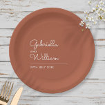 Simple Elegant Script Terracotta Wedding Paper Plate<br><div class="desc">A classic design that features the happy couple's names set in an elegant script above the special date on a terracotta background. Designed by Thisisnotme©</div>