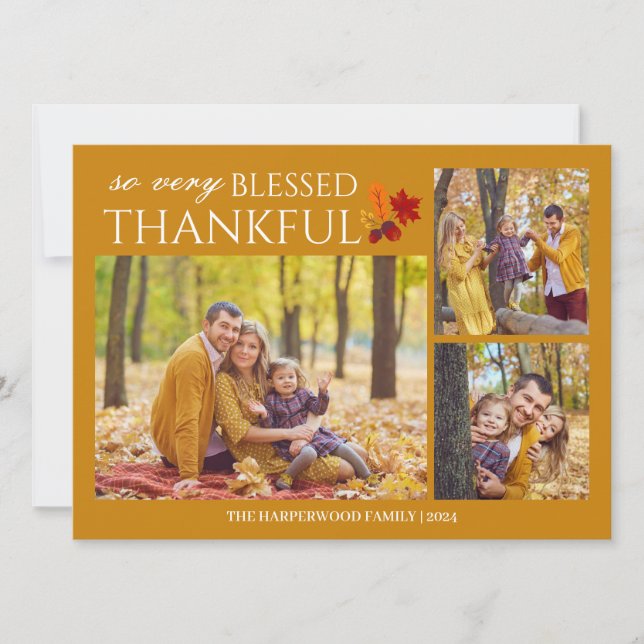 Simple Elegant Script thanksgiving family 3 photo Holiday Card (Front)