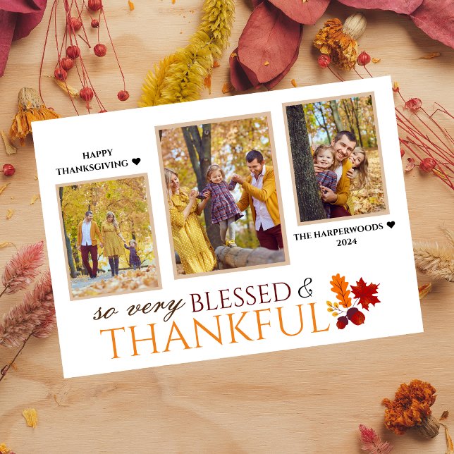 Simple Elegant Script thanksgiving family 3 photo Holiday Card (Creator Uploaded)