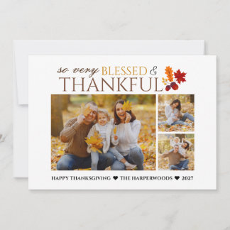 Simple Elegant Script thanksgiving family 3 photo Holiday Card