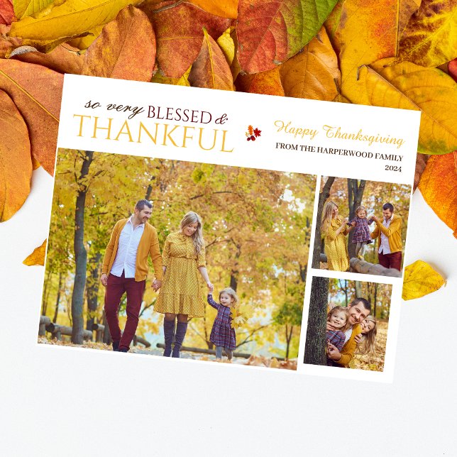 Simple Elegant Script thanksgiving family 3 photo Holiday Postcard (Creator Uploaded)