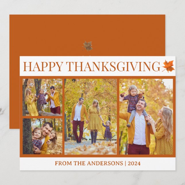 Simple Elegant Script thanksgiving family 4 photo Holiday Card (Front/Back)