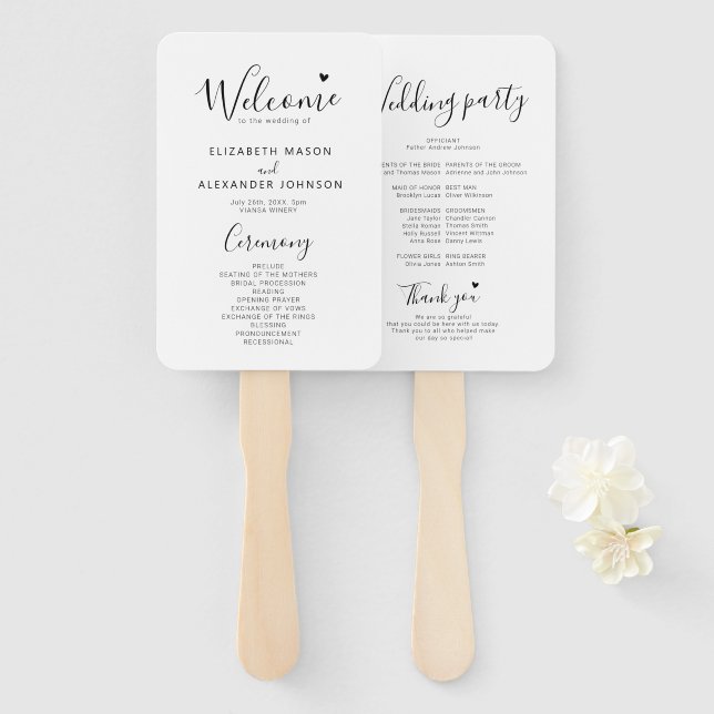 Simple Elegant Script Wedding Ceremony Program Hand Fan (Front and Back)