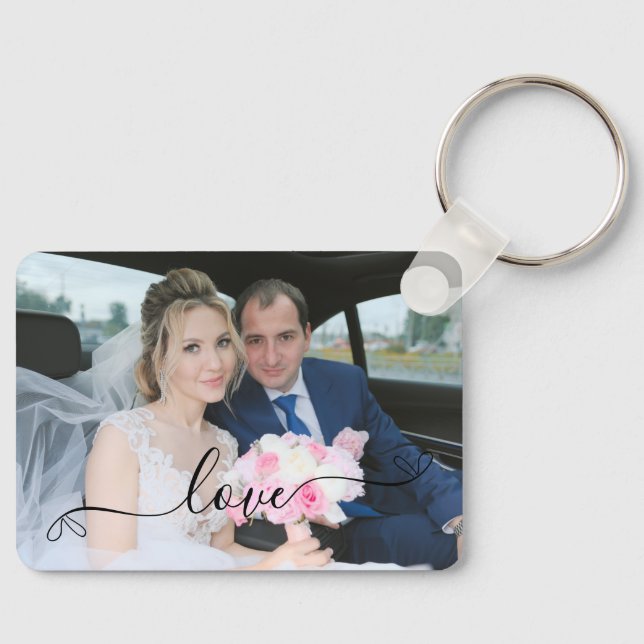 Simple Elegant Script Wedding Photo Key Ring (Front)