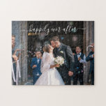 Simple Elegant Script Wedding Photo Newlywed Jigsaw Puzzle<br><div class="desc">Jigsaw Puzzle with a simple design featuring "happily ever after" in an elegant and modern white handwritten script with swashes over your photo.  You may also change the text to your names.  This puzzle makes a great gift for a newlywed couple.</div>
