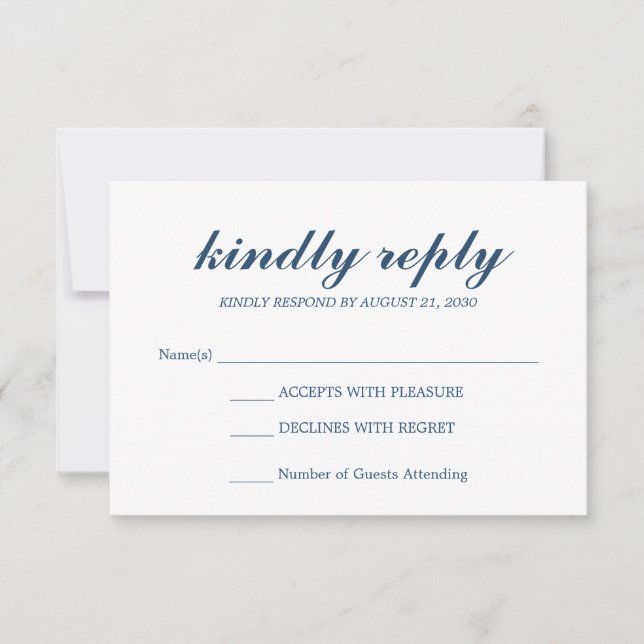 Simple Elegant Script Wedding RSVP Midnight Blue Card (Front)