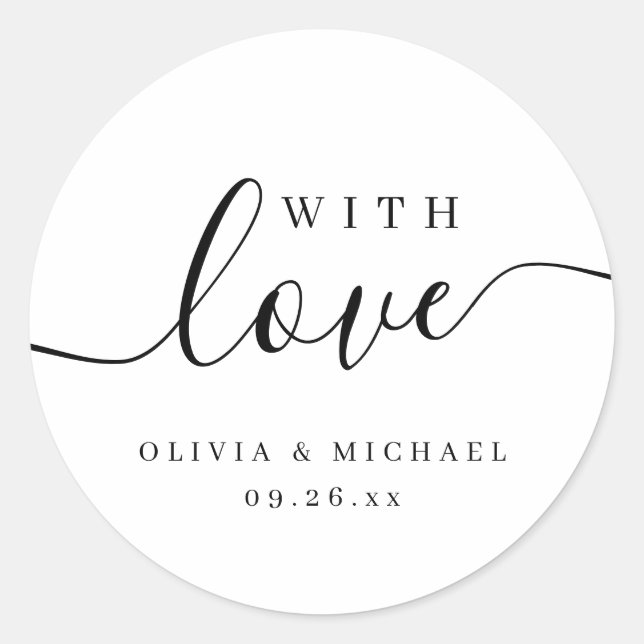 Simple elegant script with love wedding favour classic round sticker (Front)