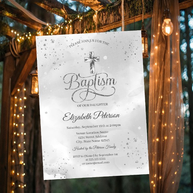 Simple Elegant Silver Cross Confetti Invitation (Creator Uploaded)