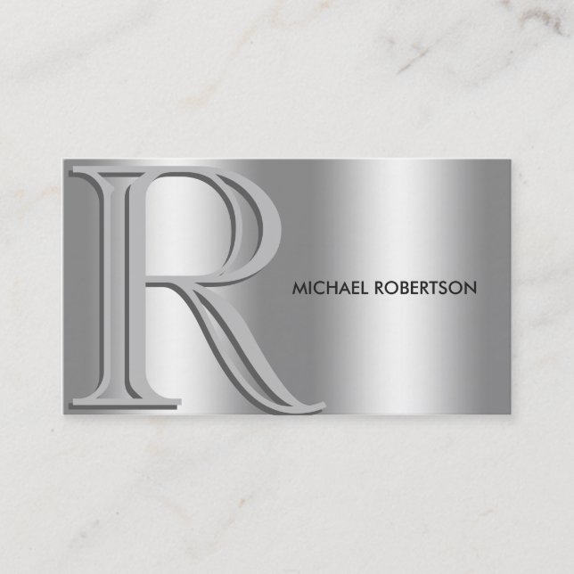 Simple Elegant Silver on Silver Monogram Business Card (Front)