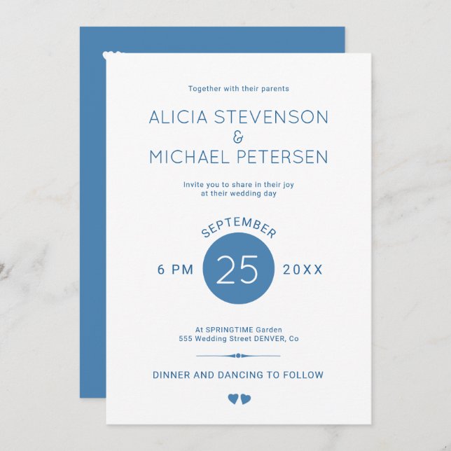 Simple elegant slate blue and white wedding invitation (Front/Back)