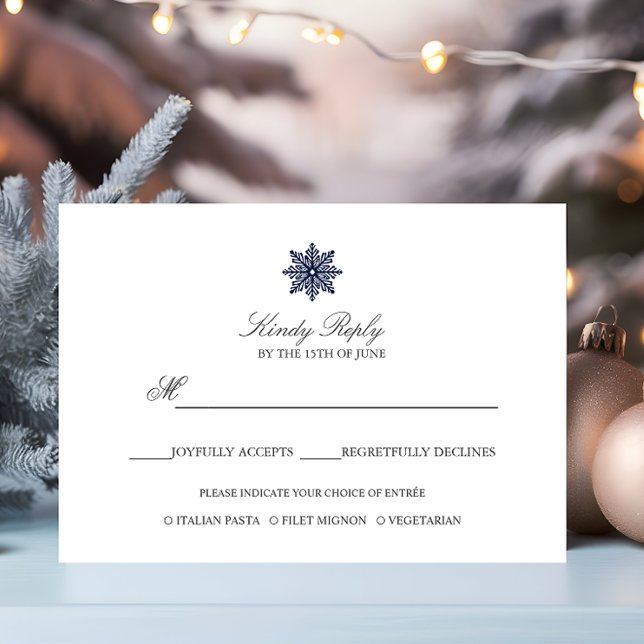 Simple Elegant Snowflake Navy Blue meal option RSVP Card (Creator Uploaded)