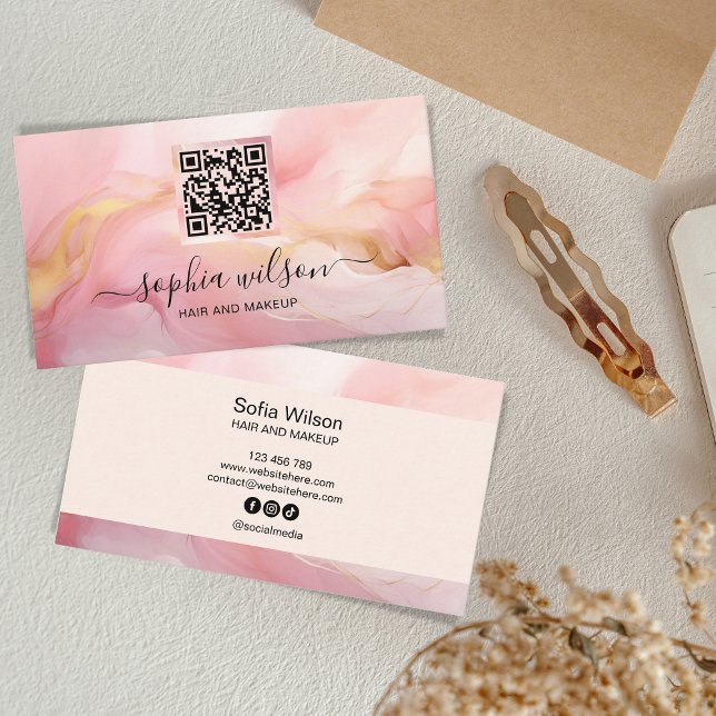 Simple Elegant Social Media Blush Pink QR Code Business Card (Creator Uploaded)
