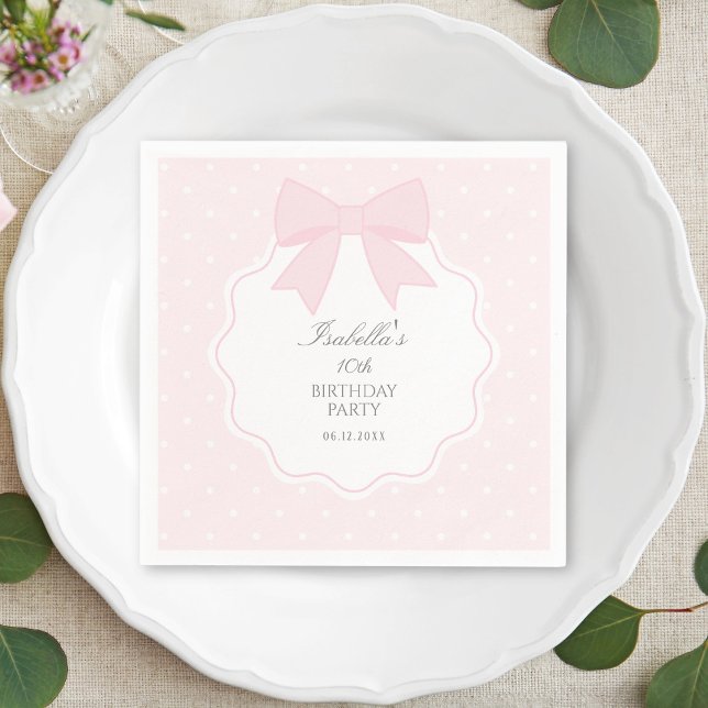 Simple Elegant Soft Pastel Pink Bow Girl Birthday Napkin (Creator Uploaded)