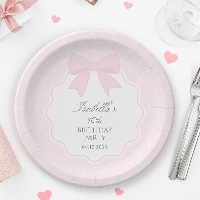 Simple Elegant Soft Pastel Pink Bow Girl Birthday Paper Plate (Creator Uploaded)