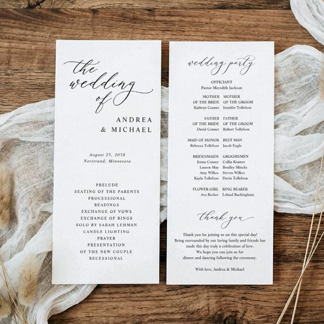 Simple Elegant Sophisticated Wedding Program (Elegant vintage script wedding programs with wedding party and thank you on back.)