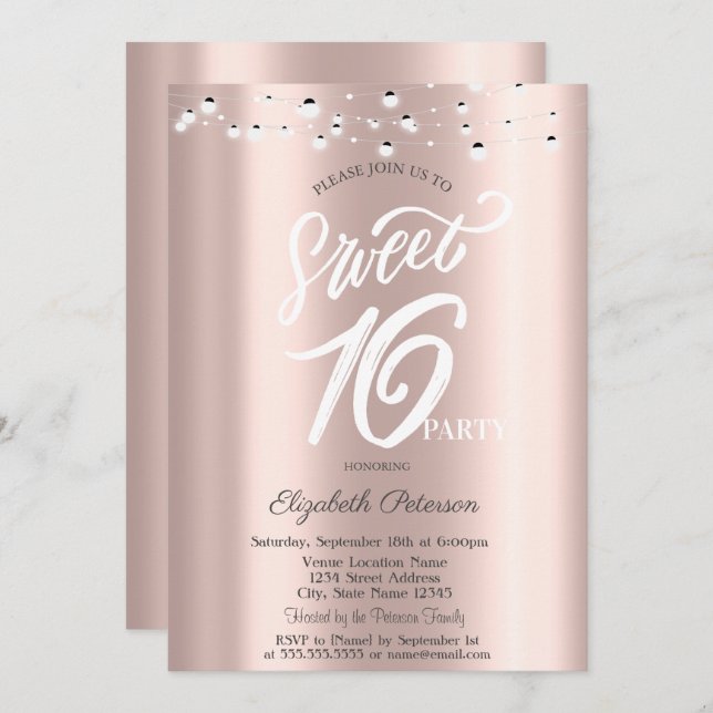 Simple Elegant String Lights Rose Gold Sweet 16 Invitation (Front/Back)