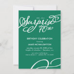 Simple, Elegant Surprise 70th Birthday Invitation<br><div class="desc">This modern and elegant 4.5'" x 6.25" surprise 70th birthday party invitation features the words "surprise 70th" in white script font with a matching swirling design in the bottom right corner. Customise this trendy invite with the name and party info and any background colour of your choice.</div>