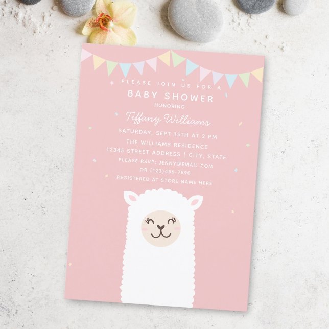Simple Elegant Sweet Alpaca Llama Girl Baby Shower Invitation (Creator Uploaded)