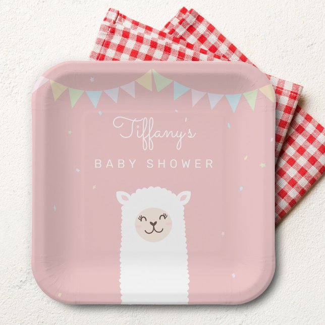 Simple Elegant Sweet Alpaca Llama Girl Baby Shower Paper Plate (Creator Uploaded)