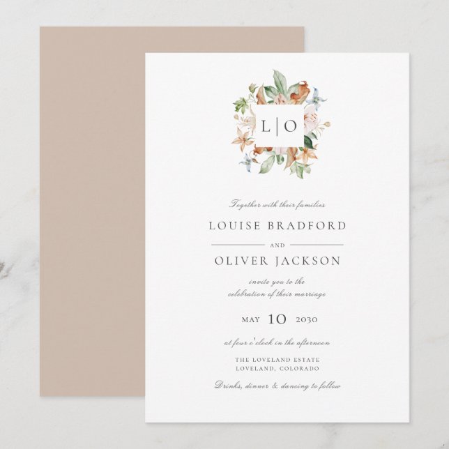 Simple Elegant Taupe Watercolor Monogram Wedding Invitation (Front/Back)
