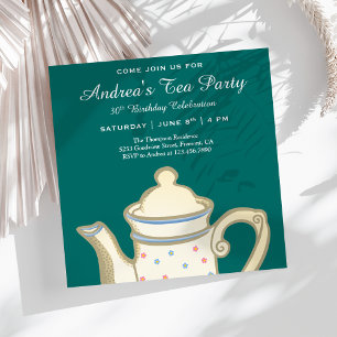 Simple Elegant Tea Pot Teal Birthday Tea Party Invitation