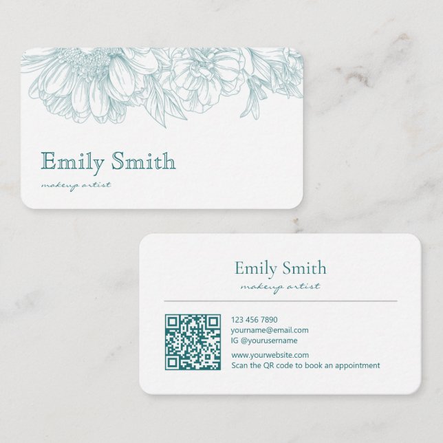 Simple Elegant Teal Blue Floral Line Art QRCode Business Card (Front/Back)