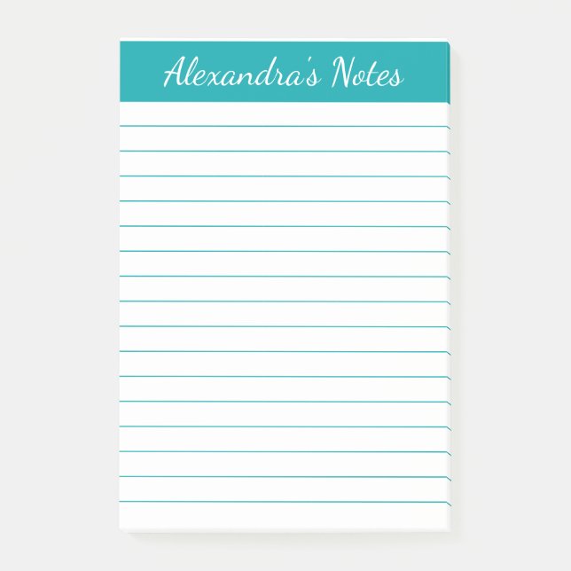 Simple Elegant Teal Lined Personalised Post-it Notes (Front)