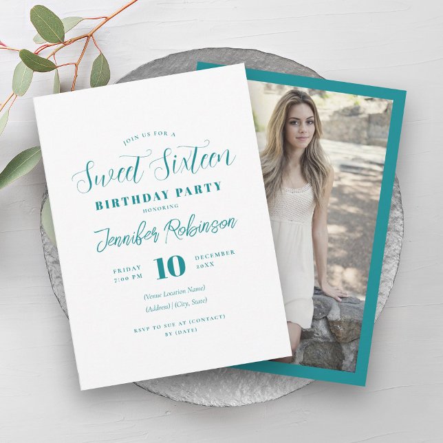 Simple Elegant Teal Photo Sweet 16 Sixteen  Invitation (Simple Elegant Teal Photo Sweet 16 Sixteen Invitation)