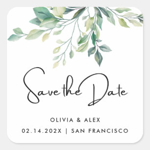 Simple Elegant Text And Green Save The Date Square Sticker