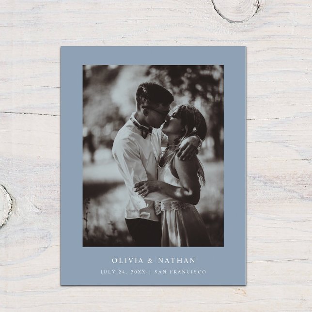 Simple Elegant Text and Photo | Blue Save the Date Announcement Postcard (Creator Uploaded)