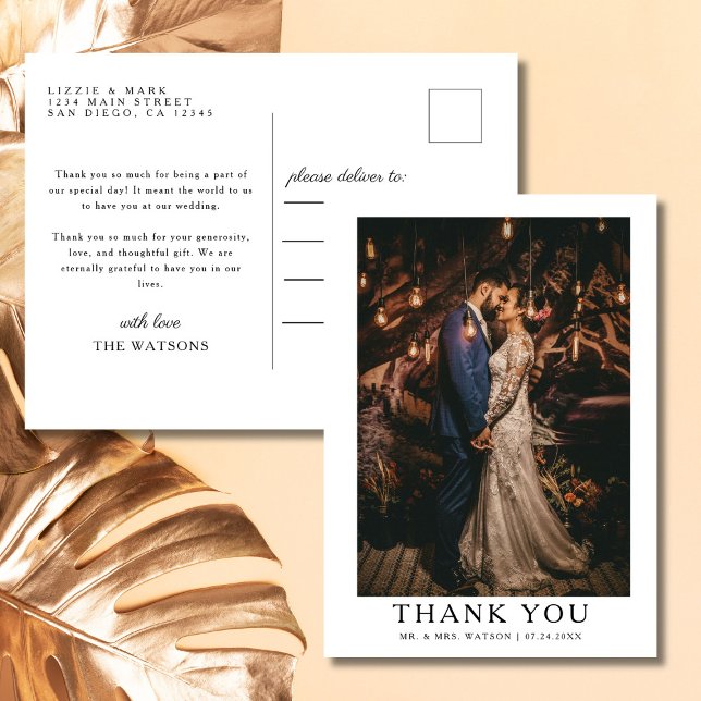 Simple Elegant Text and Photo | Wedding Thank You  Postcard (Creator Uploaded)