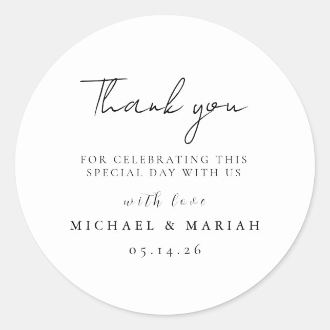 Simple Elegant Thank You Wedding Favour Classic Round Sticker (Front)